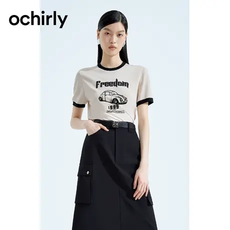 ochirly欧时力 小众美式短袖t恤女2023新款夏装亮片印花修身休闲图片