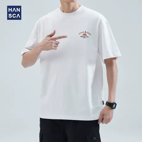 hansca 纯棉短袖t恤休闲重磅男夏季新款潮流百搭白色印花半袖上衣商品大图