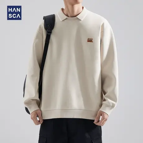 hansca秋季美式重磅学院风卫衣男款宽松Polo领上衣假两件休闲外套商品大图