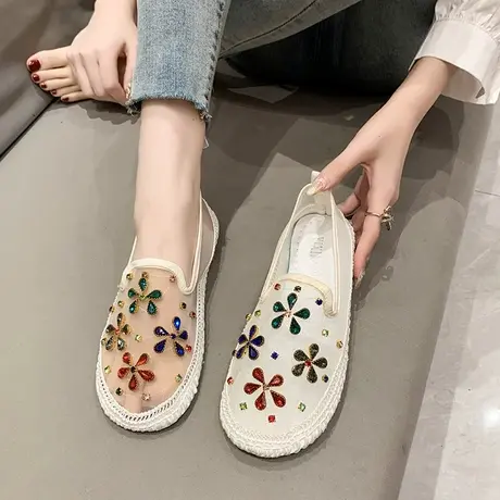 2024夏季新款网纱水钻花朵仙女风复古平底圆头百搭懒人一脚蹬单鞋商品大图