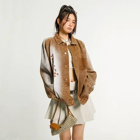 YEP水洗做旧牛仔外套女潮ins春秋款宽松bf美式复古设计感小众上衣商品大图