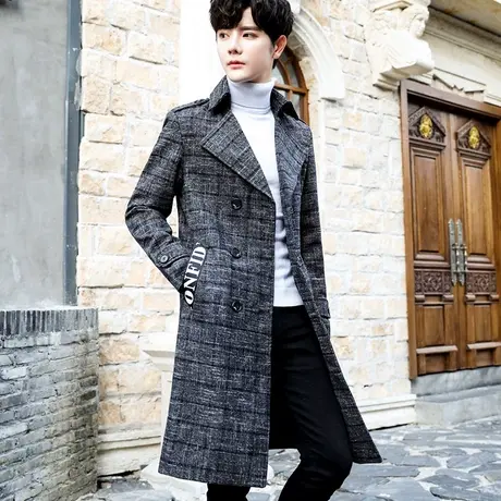 男士双排扣个性英伦呢子大衣外套加长过膝帅气秋冬装加厚格子风衣图片