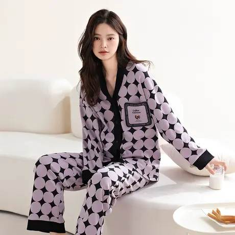 婷美2023年新款睡衣女春秋季纯棉长袖V领女款外穿秋冬家居服套装图片