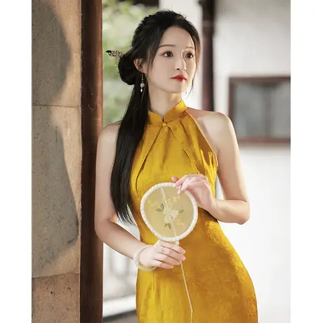 晨袍新中式旗袍新娘敬酒服高级感夏季金色订婚礼服小个子平时可穿商品大图