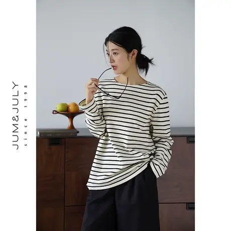 嘉茱莉2023秋季新款全棉圆领条纹长袖卫衣女套头宽松oversize上衣商品大图