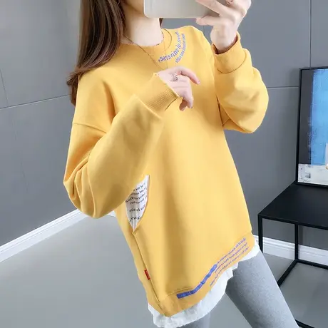超火宽松bf慵懒中长款韩版春装洋气假两件拼接时尚卫衣女2022新款图片