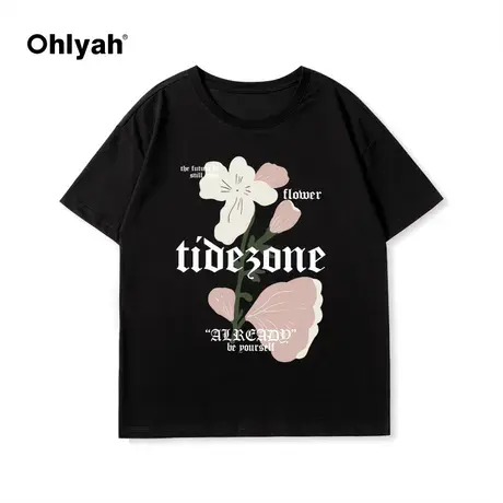 Ohlyah原创潮牌粉色花卉印花情侣装oversize高街国潮短袖T恤男女商品大图
