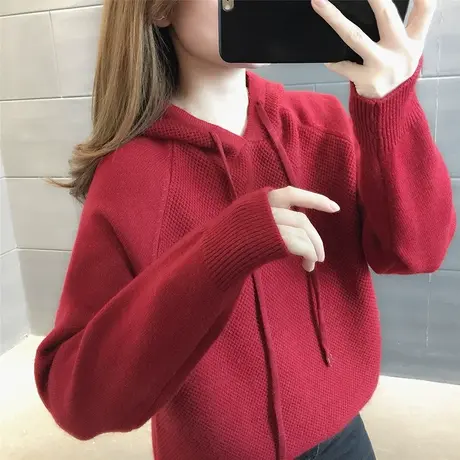 红色毛衣女套头秋冬新款2023爆款时尚洋气宽松针织上衣女连帽外套商品大图