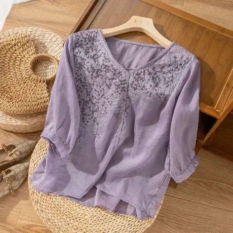 七分袖刺绣苎麻上衣女宽松夏天薄款文艺复古棉麻小衫2022夏季新款图片