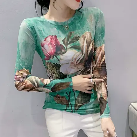 时尚网纱打底衫女士欧货大码圆领长袖T恤显瘦洋气别致印花上衣商品大图