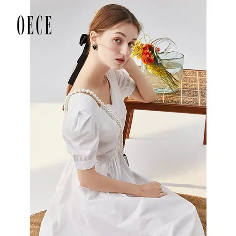 Oece夏装新款女可仙可甜云朵白法式方领连衣裙图片