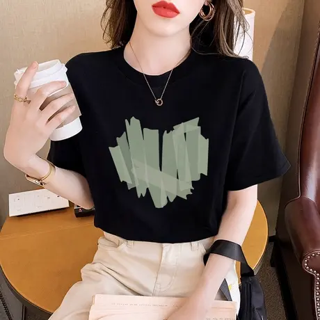 纯棉正肩t恤女夏2023新款高级感上衣ins潮设计感小众宽松黑色短袖商品大图