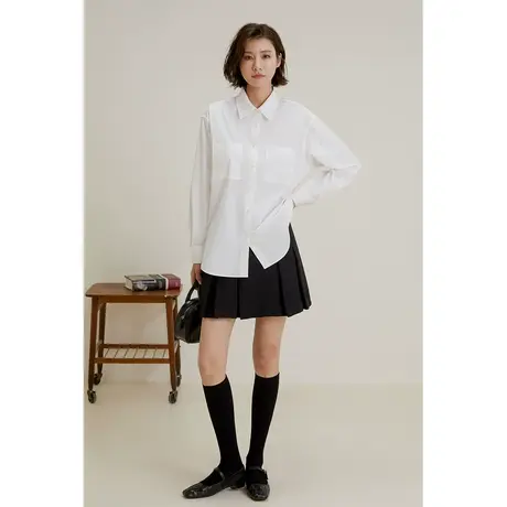 弥古白色通勤女士衬衫高级感内搭打底秋季上衣休闲法式双口袋衬衣商品大图