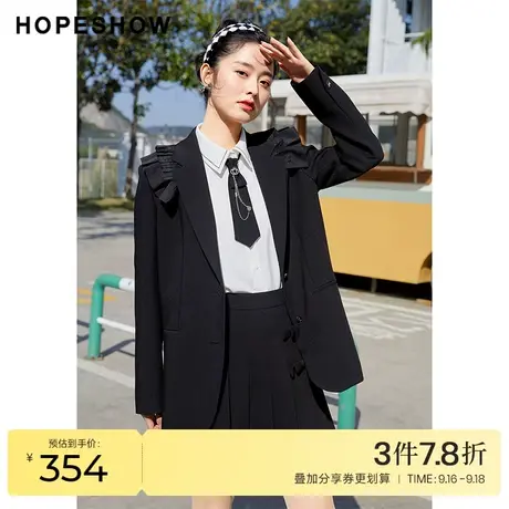 红袖outlets压褶翻领小西装2022春新款黑色单排扣小个子外套女商品大图