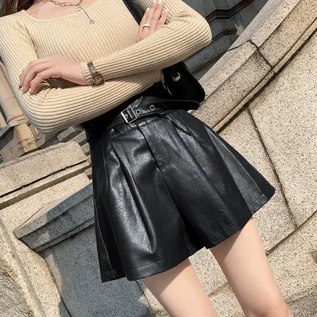 黑色超高腰显瘦pu皮裤子2022年春秋新款外穿阔腿靴裤遮胯休闲短裤图片