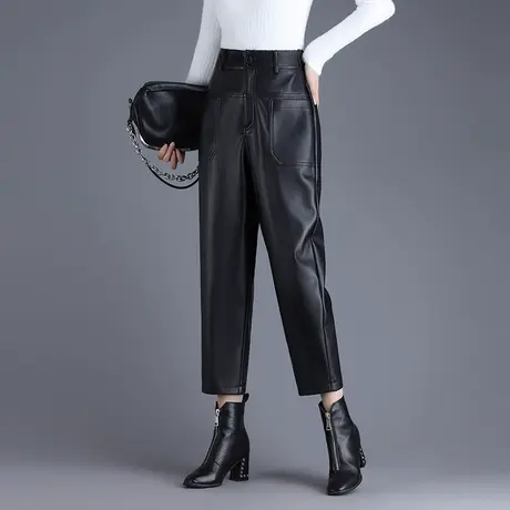 九分PU皮裤哈伦裤女秋冬2023新款高腰大码宽松休闲裤外穿皮靴裤子商品大图