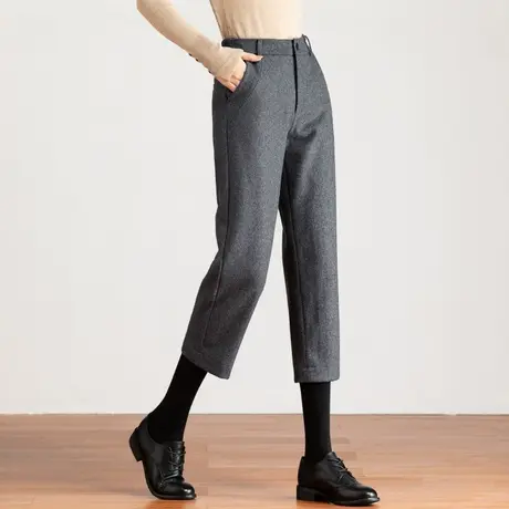 毛呢裤女宽松直筒秋冬七分高腰显瘦萝卜裤小个子八分哈伦烟管裤子商品大图