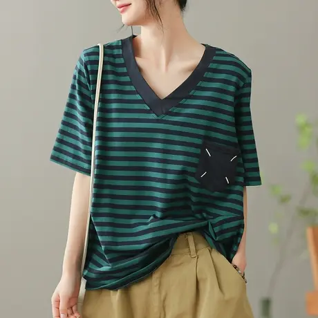 dza复古纯棉短袖T恤女2023夏季薄款条纹打底体恤宽松显瘦套头上衣商品大图