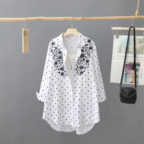 条纹衬衫女刺绣长袖2023秋季新款宽松中长款薄开衫衬衣休闲上衣棉图片