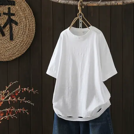 枫谜2023夏季新款竹节棉下摆破洞宽松休闲百搭纯棉短袖图片