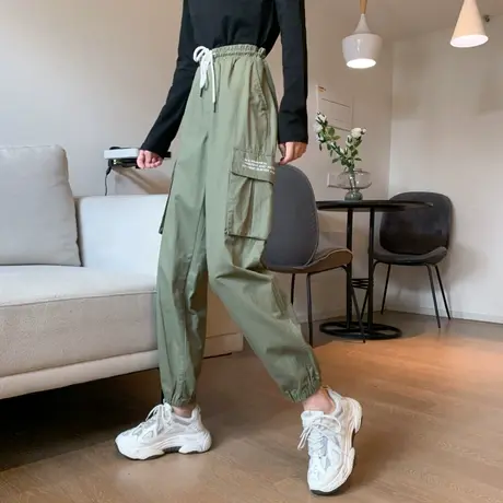 工装裤子女2020秋季帅气宽松百搭显瘦高腰直筒哈伦束脚长裤潮ins商品大图