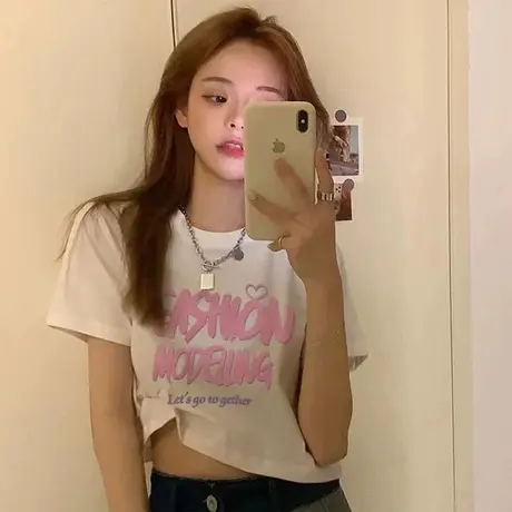 正肩白色短袖t恤女短款夏季独特别致修身露脐纯欲辣妹漂亮上衣潮商品大图