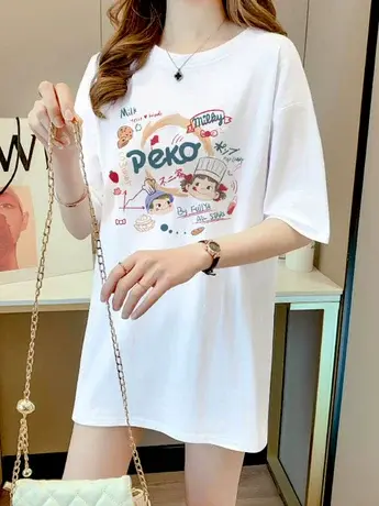 白色仿棉正肩短袖t恤女2023新款欧货夏季胖mm大码女装显瘦上衣服商品大图