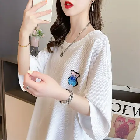 小众设计感短袖t恤女夏装韩版宽松大码中长款下衣失踪华夫格上衣图片