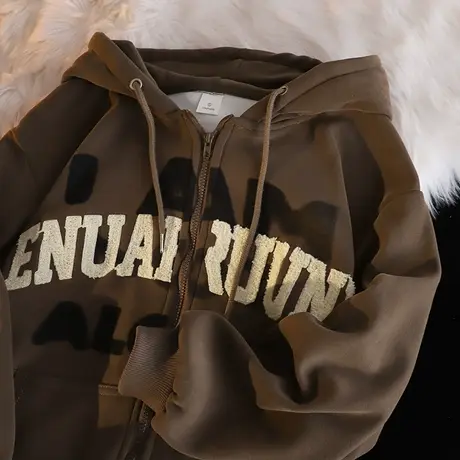 复古港味chic设计感连帽卫衣女秋冬加绒加厚潮牌宽松大码开衫外套图片