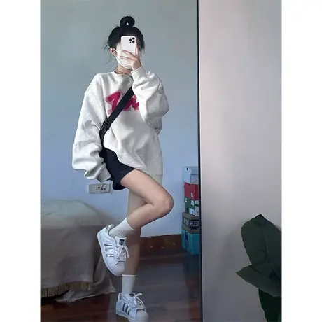 圆领卫衣女薄款2023新款春秋美式复古宽松小个子套头上衣港味chic图片