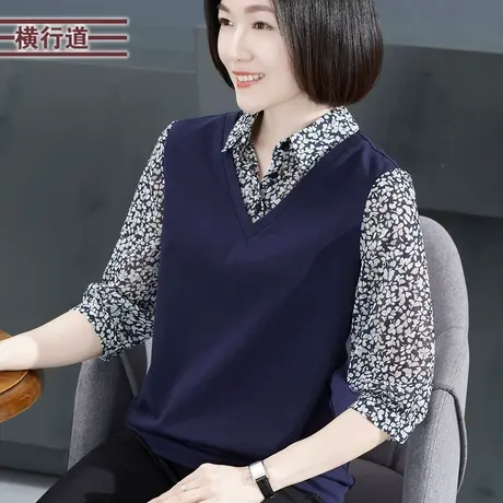 2023新秋季女上衣翻领雪纺中年妈妈中袖假两件拼接外穿五分袖大码商品大图