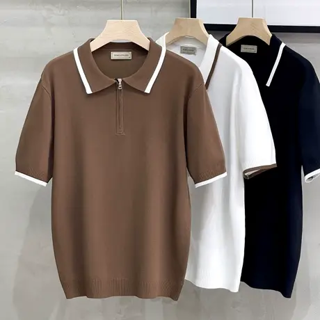 夏季新款撞色翻领针织短袖POLO衫男潮牌休闲宽松日系纯色男士T恤商品大图