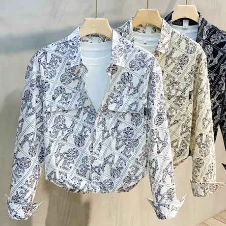 春秋日系复古印花腰果花衬衫男长袖潮流帅气休闲宽松男士衬衣外套商品大图