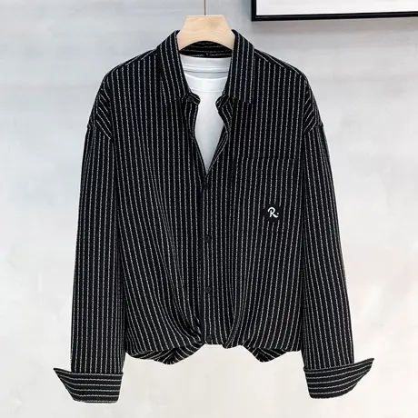 肌理感美式工装休闲衬衫男生春秋季开衫外套日系宽松条纹男士衬衣商品大图