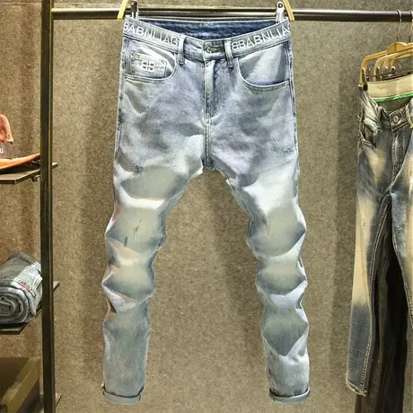 夏季潮流时尚磨破工艺牛仔裤男款修身小脚裤高街潮牌腰头刺绣长裤商品大图