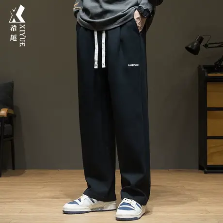 希越直筒垂感休闲裤男秋季动感活力棉字母刺绣阔腿裤宽松大码长裤商品大图