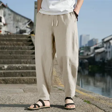 亚麻裤子男夏季中国风阔腿宽松复古小脚大码哈伦棉麻锥形休闲裤子商品大图