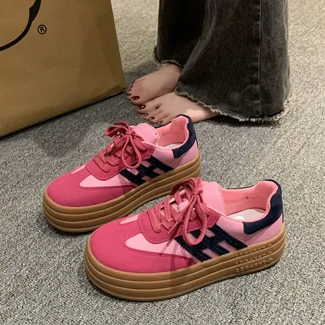 新款春秋皮面复古樱花粉圆头系带厚底德训鞋女百搭休闲增高阿甘鞋商品大图