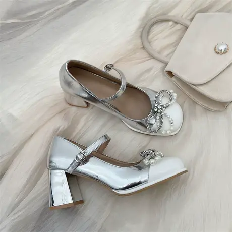 玛丽珍女鞋2023年夏季新款浅口温柔珍珠高跟鞋公主水钻法式小皮鞋图片