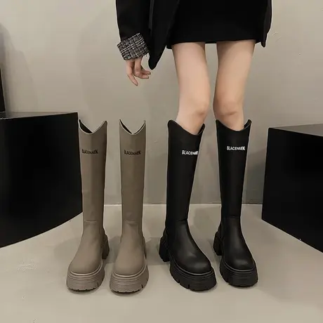 靴子女长筒靴显瘦瘦瘦靴卡其色今年流行女款咖色厚底大筒围骑士靴图片