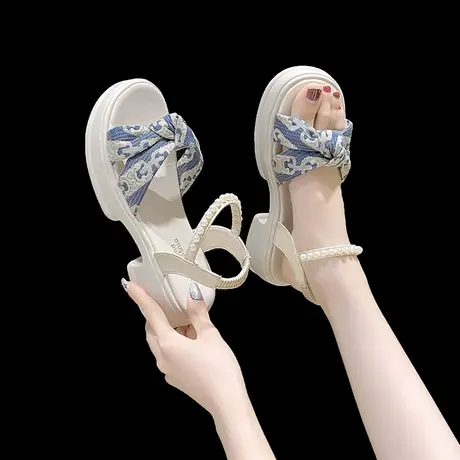 仙女风厚底凉鞋女夏季2023新款小个子粗跟中跟配裙子度假沙滩鞋子商品大图