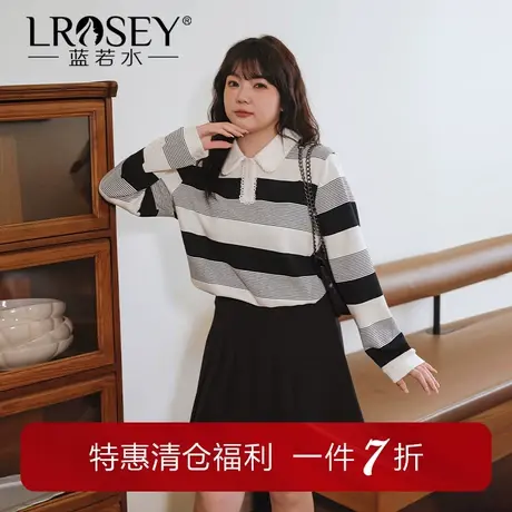 蓝若水大码女装黑白条纹Polo领卫衣胖MM春季新款宽松上衣商品大图
