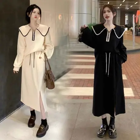 大码微胖减龄套装女春秋胖mm长袖卫衣收腰半身裙两件套上衣200斤商品大图