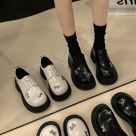 百搭乐福小皮鞋女2024年春季新款蝴蝶结小众英伦风粗跟中跟乐福鞋图片