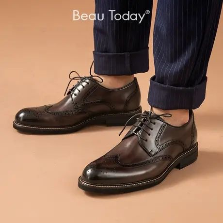 BeauToday休闲皮鞋男英伦真皮软底青年皮鞋男商务正装布洛克雕花图片