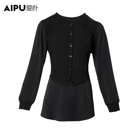 爱朴大码女装2024春季新款假两件圆领衬衫女胖mm显瘦遮肉梭织上衣图片