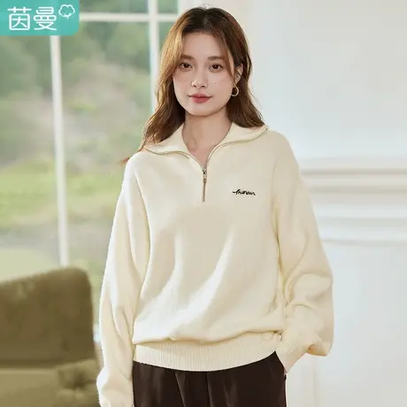 茵曼通勤拉链翻领毛衣女装2023年冬季新款百搭刺绣慵懒风长袖开衫图片