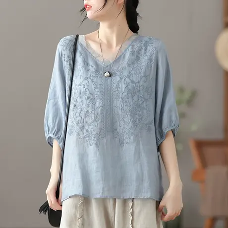 dza 复古薄款苎麻上衣女士短袖衬衫夏季新款宽松V领气质棉麻衬衣商品大图