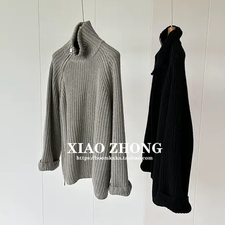 斜拉链开叉粗针高领羊绒毛衣，宽松慵懒风中长款长袖针织衫女秋冬商品大图