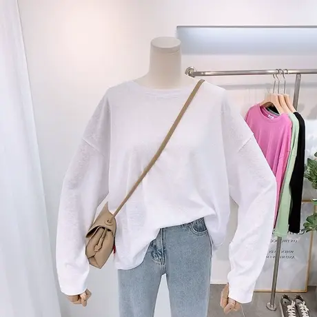 长袖t恤春秋季2023新款韩版ins潮白纯色女装外穿宽松打底衫上衣服商品大图